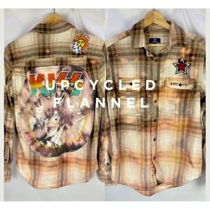 KISS Band Tshirt UPCYCLED Flannel Size S Grunge Punk Western Hippie Distressed